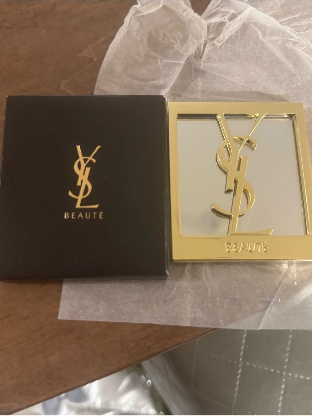 Rare!Yves Saint Laurent Gold Logo Compact Mirror with Black Case